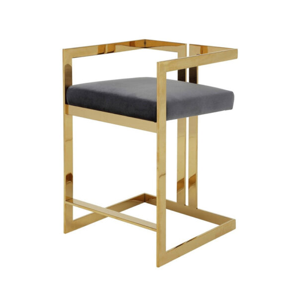 Suki 26 Inch Barstool Chair, Gray Velvet Seat, Stainless Steel, Gold Finish