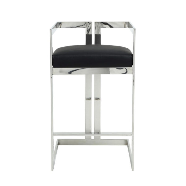 Suki 30 Inch Barstool Chair, Black Faux Leather, Silver Stainless Steel