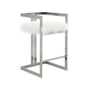 Suki 30 Inch Barstool Chair, White Faux Fur, Silver Stainless Steel Frame