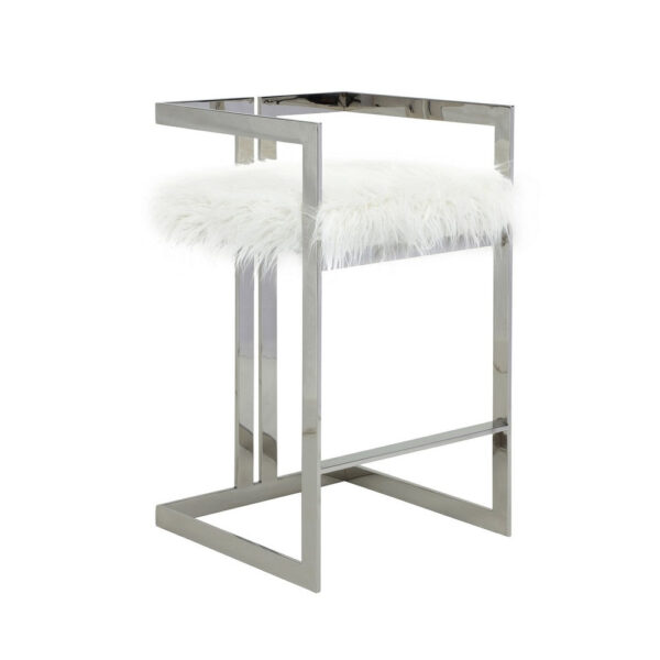 Suki 30 Inch Barstool Chair, White Faux Fur, Silver Stainless Steel Frame