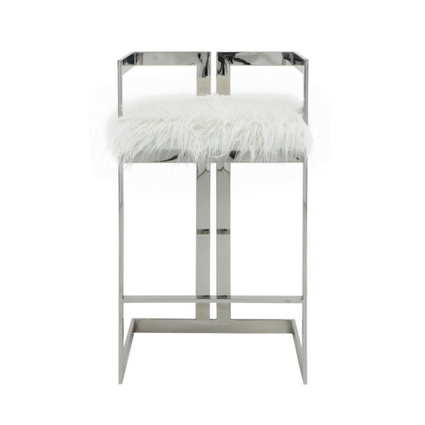 Suki 30 Inch Barstool Chair, White Faux Fur, Silver Stainless Steel Frame