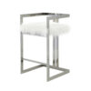 Suki 30 Inch Barstool Chair, White Faux Fur, Silver Stainless Steel Frame