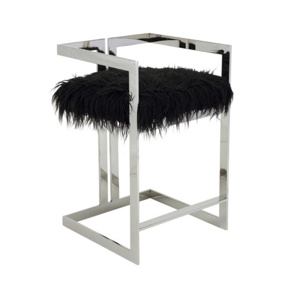 Suki 26 Inch Counter Stool Chair, Black Faux Fur, Silver Stainless Steel