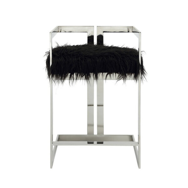 Suki 26 Inch Counter Stool Chair, Black Faux Fur, Silver Stainless Steel