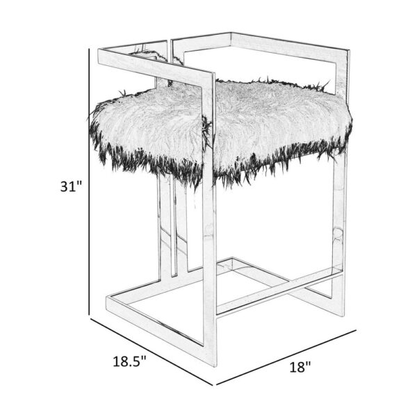 Suki 26 Inch Counter Stool Chair, Black Faux Fur, Silver Stainless Steel