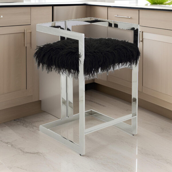 Suki 26 Inch Counter Stool Chair, Black Faux Fur, Silver Stainless Steel