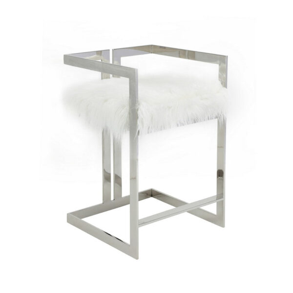 Suki 26 Inch Counter Stool Chair, White Faux Fur, Silver Stainless Steel