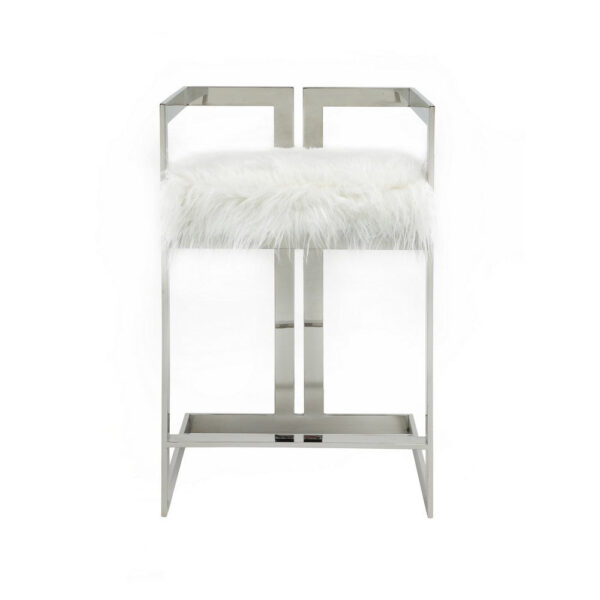 Suki 26 Inch Counter Stool Chair, White Faux Fur, Silver Stainless Steel