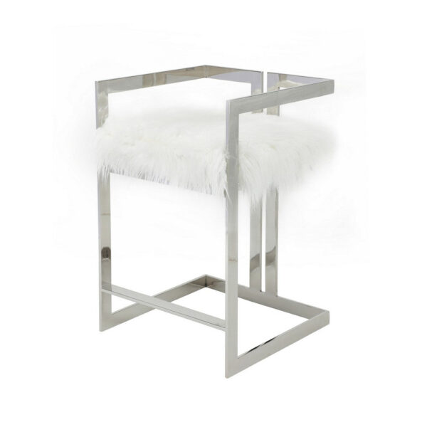 Suki 26 Inch Counter Stool Chair, White Faux Fur, Silver Stainless Steel
