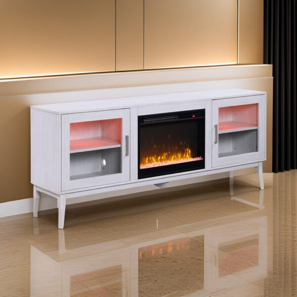 150220266991dbcb2380a.jpeg Samy 70 Inch TV Console LED Fireplace Heater, Glass Door, White, Silver