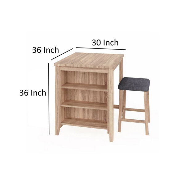 Dawny 3pc Counter Height Table Set with Stools, Shelves, Brown Oak Wood