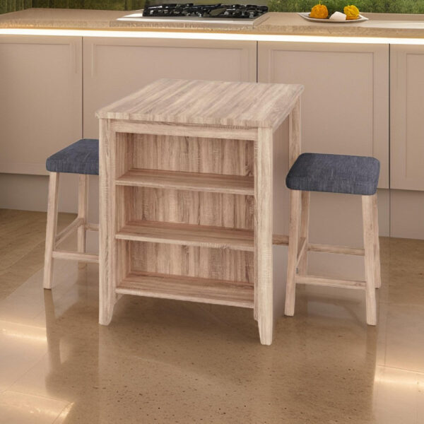 Dawny 3pc Counter Height Table Set with Stools, Shelves, Brown Oak Wood