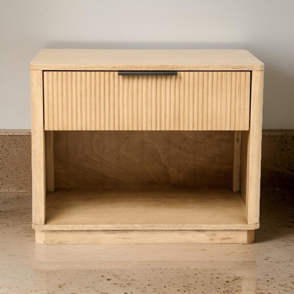 Noe Celia 32 Inch Nightstand, 1 Drawer, Shelf, Metal, Natural Solid Wood