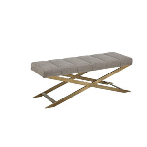 Cid Shia 47 Inch Accent Bench, Tufted Gray, X Shape Brushed Brass Legs