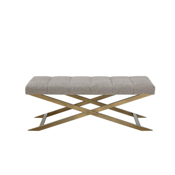 150220266991dc3701d91.jpeg Cid Shia 47 Inch Accent Bench, Tufted Gray, X Shape Brushed Brass Legs