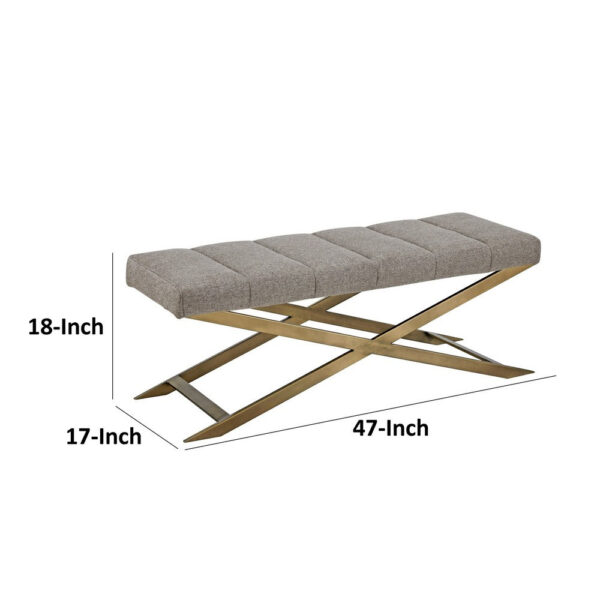 150220266991dc3c295e6.jpeg Cid Shia 47 Inch Accent Bench, Tufted Gray, X Shape Brushed Brass Legs