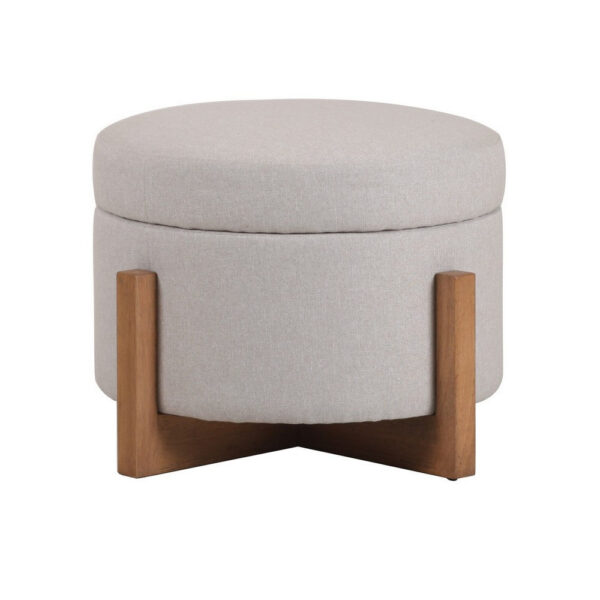 150220266991dcb5767c5.jpeg 24 Inch Ottoman, Round Cushioned Storage Seat, Gray Polyester, Brown Wood