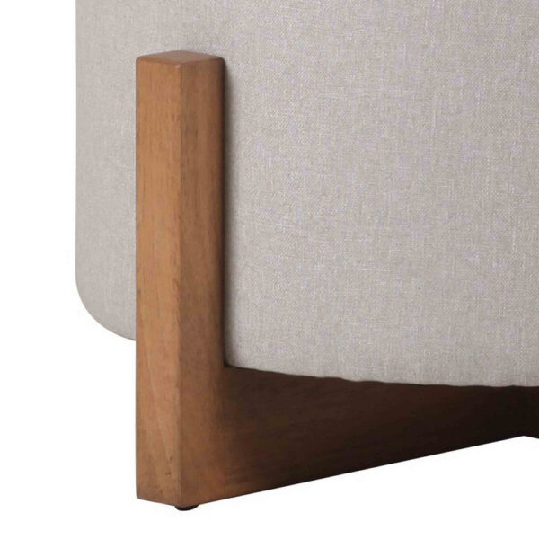 150220266991dcb9cd4bb.jpeg 24 Inch Ottoman, Round Cushioned Storage Seat, Gray Polyester, Brown Wood