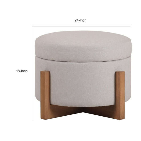 150220266991dcbb51ae6.jpeg 24 Inch Ottoman, Round Cushioned Storage Seat, Gray Polyester, Brown Wood