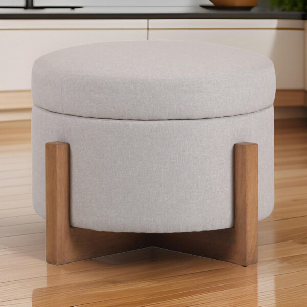 150220266991dcbcbf940.jpeg 24 Inch Ottoman, Round Cushioned Storage Seat, Gray Polyester, Brown Wood