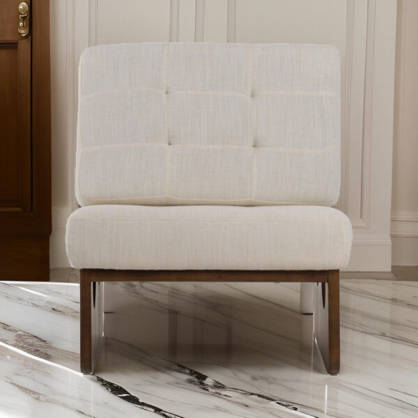 27 Inch Accent Chair, Cushioned Tufted Back, Open Panel Frame, Beige, Brown