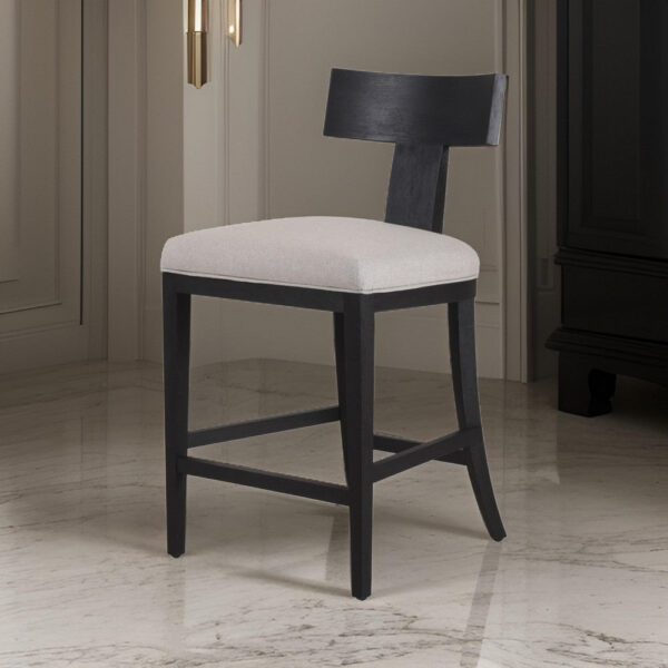 Cid Sten 27 Inch Counter Height Chair, T Shape Back, Beige Linen, Black