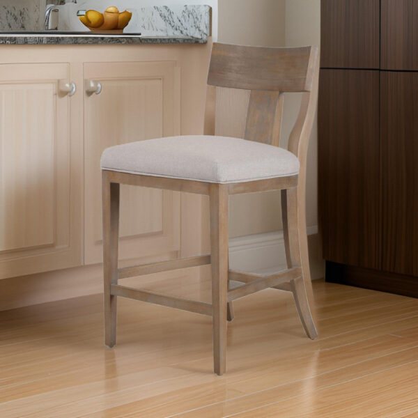 Cid Sten 27 Inch Counter Height Chair, T Shape Back, Beige Linen, Brown