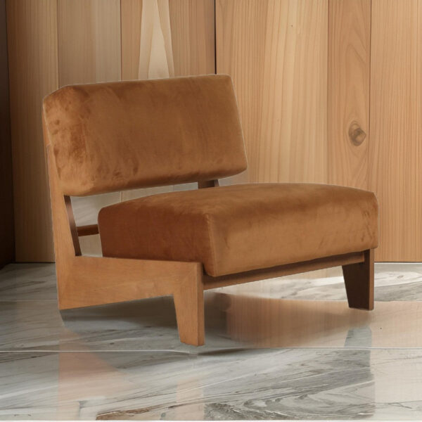 Cid Joy 30 Inch Accent Chair, Low Profile, Camel Brown Velvet, Wood Frame