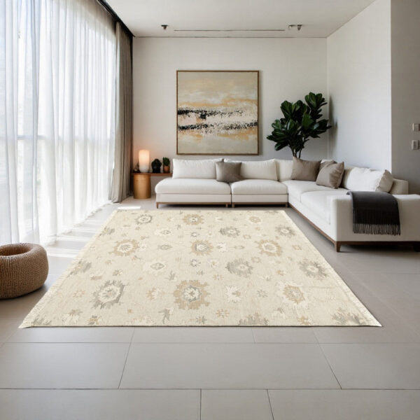 Kia 8 x 10 Large Area Rug, Handwoven Floral Patterns, Beige Brown Wool