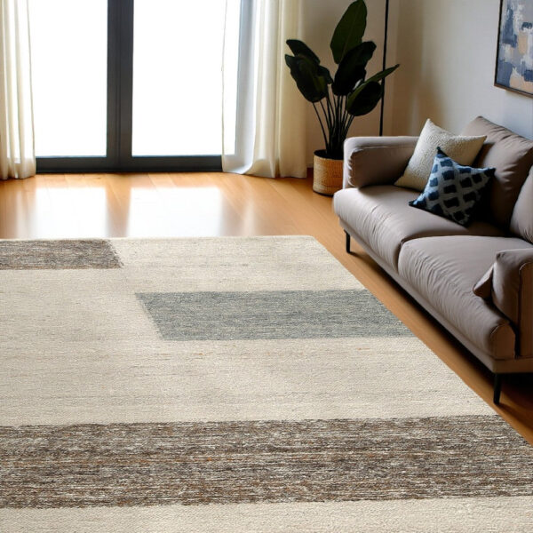 Rusy 8 x 10 Large Area Rug, Handwoven Classic Stripes, Gray Polyester