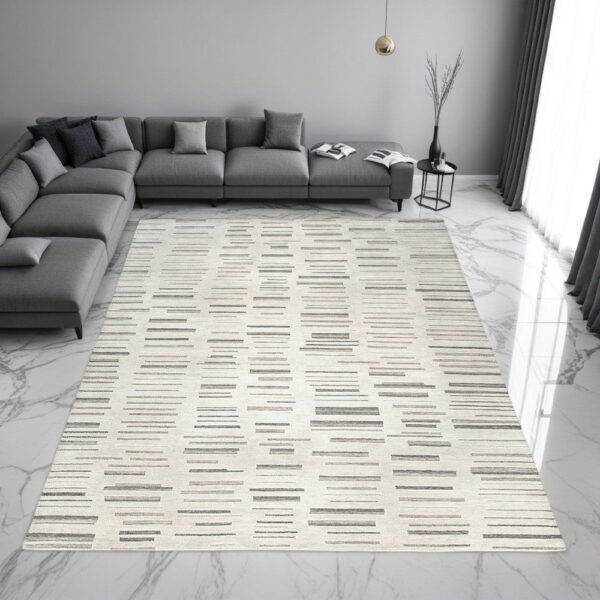 Meaw 8 x 10 Large Area Rug, Abstract Stripe Design, Ivory Gray Polyester