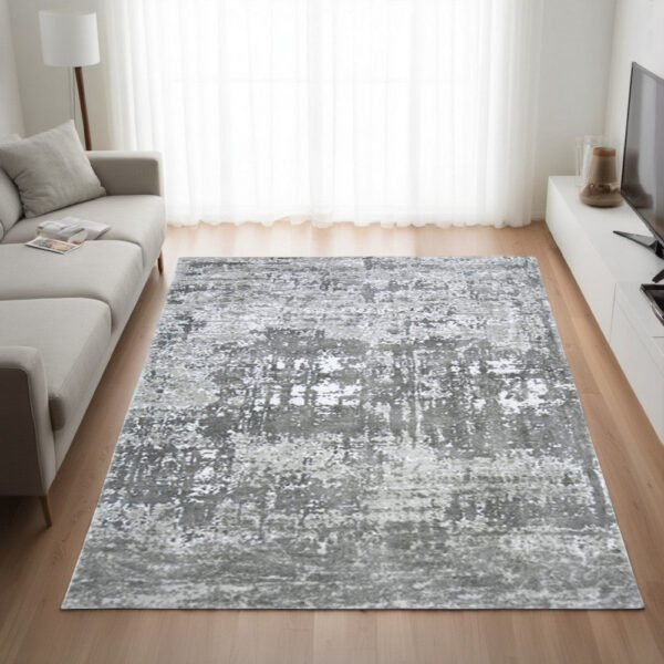 Monty 8 x 10 Area Rug, Abstract Pattern, Gray Ivory Polyester, Cotton Back