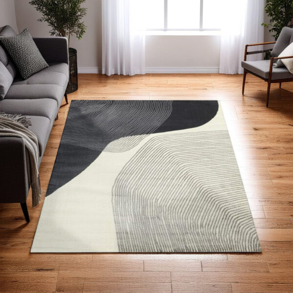 Veer 5 x 7 Area Rug, Linear Abstract Pattern, Polyester, Wool, Gray, Ivory