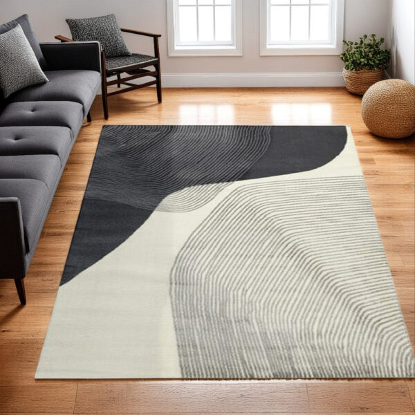 Rosy 8 x 10 Area Rug, Swirling Design Soft Pile Polyester, Black Gray Beige