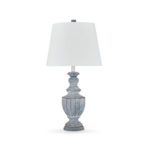 150220266991e13735394.jpeg Rick 32 Inch Table Lamp, White Empire Fabric Shade, Turned Blue Terracotta
