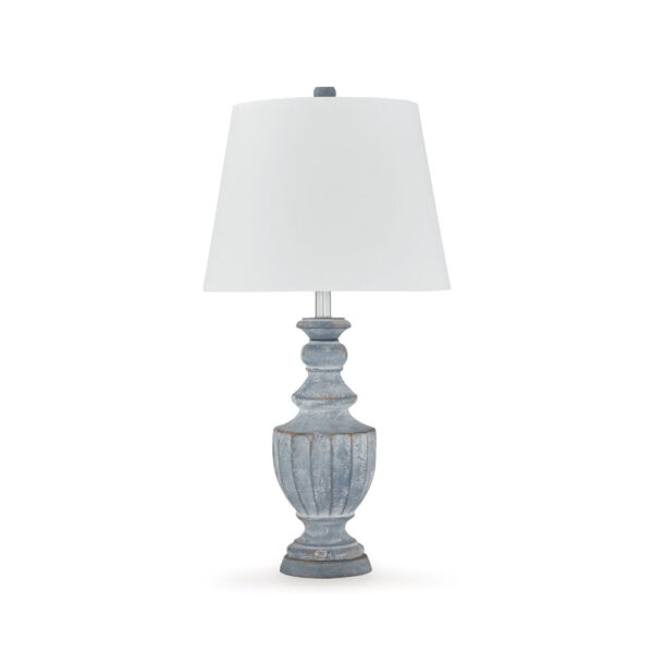 Rick 32 Inch Table Lamp, White Empire Fabric Shade, Turned Blue Terracotta