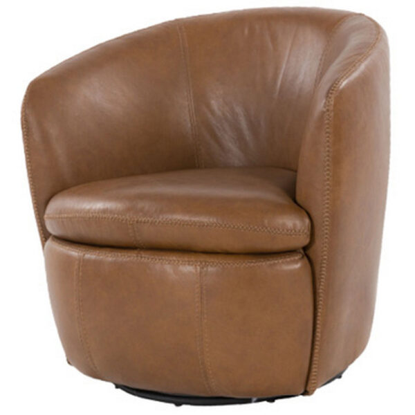 Niko Swivel Accent Chair, Round Barrel Design, Brown Top Grain Leather