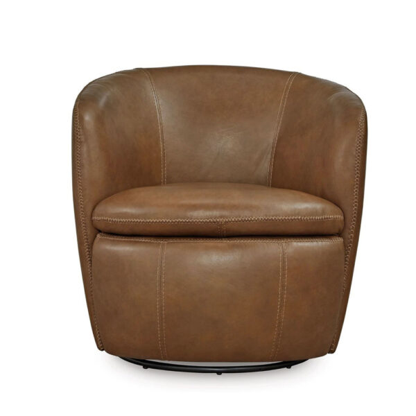 Niko Swivel Accent Chair, Round Barrel Design, Brown Top Grain Leather