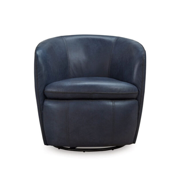 Niko Swivel Accent Chair, Round Barrel Design, Blue Top Grain Leather