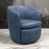Niko Swivel Accent Chair, Round Barrel Design, Blue Top Grain Leather