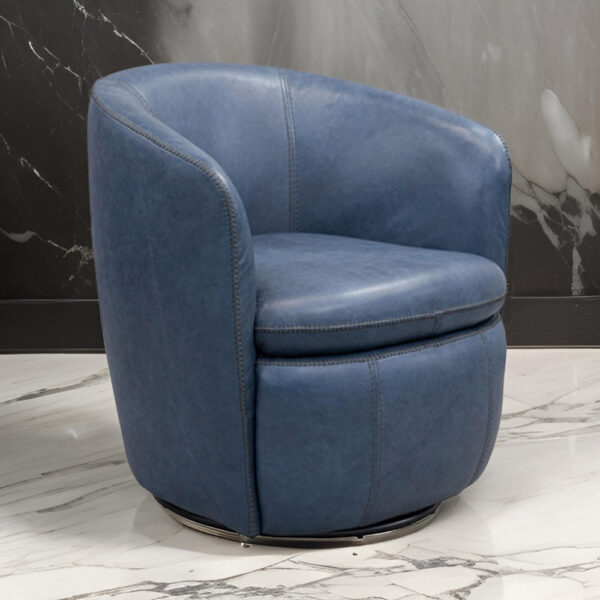 Niko Swivel Accent Chair, Round Barrel Design, Blue Top Grain Leather