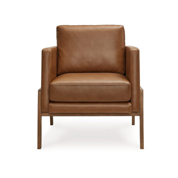 Accent Chair, Classic Retro Cushions, Brown Faux Leather, Natural Wood