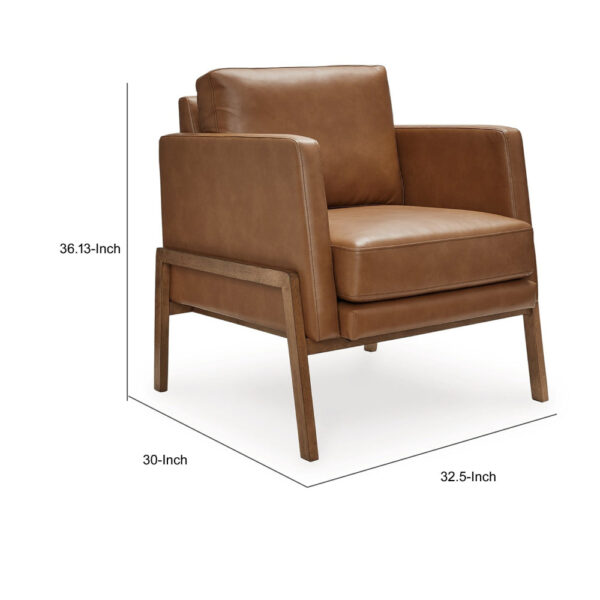 Accent Chair, Classic Retro Cushions, Brown Faux Leather, Natural Wood