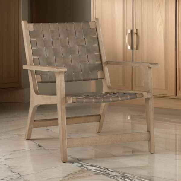 Woven Accent Chair, Taupe Faux Leather Strips, Basket Weave Pattern, Brown