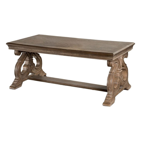Gia Coffee Table, 52 Inch Rectangular Top, Carved Details, Brown Solid Wood