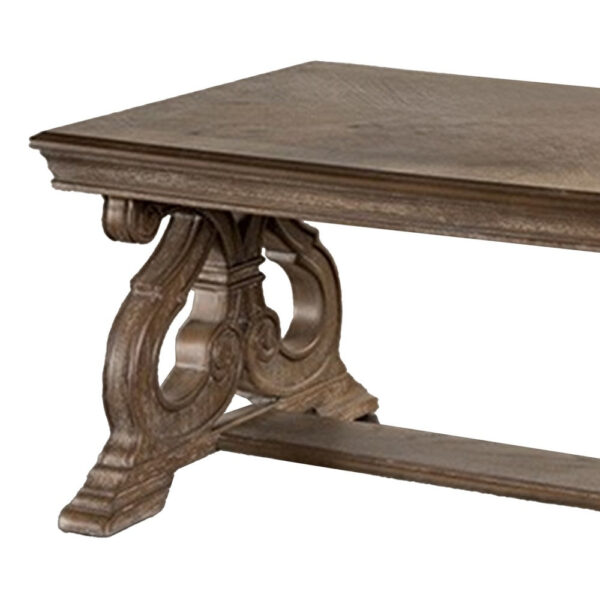 Gia Coffee Table, 52 Inch Rectangular Top, Carved Details, Brown Solid Wood