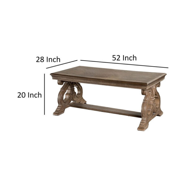 Gia Coffee Table, 52 Inch Rectangular Top, Carved Details, Brown Solid Wood