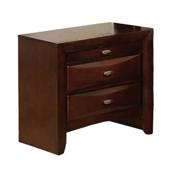 Simo Nightstand, Spacious Top, Nickel, 3 Drawers, Cherry Brown Solid Wood
