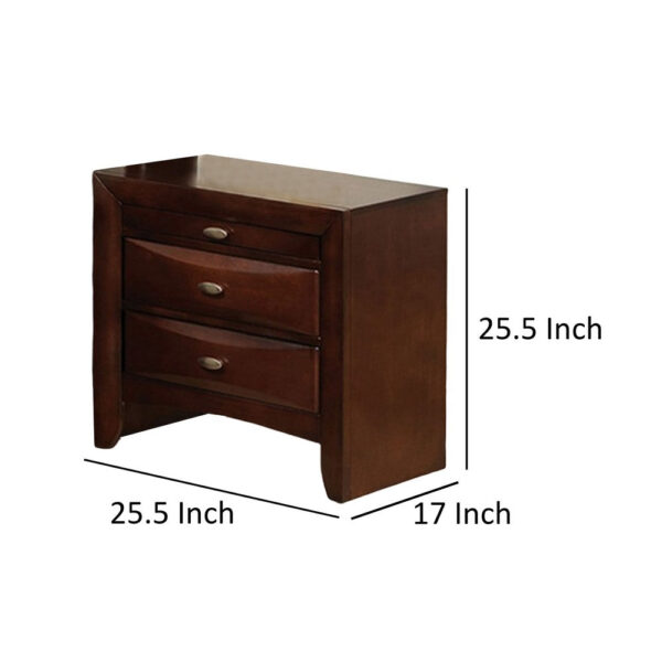 Simo Nightstand, Spacious Top, Nickel, 3 Drawers, Cherry Brown Solid Wood