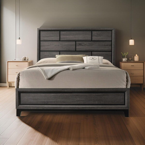 Erica King Size Bed, Gray and Black Wood Finish, Panel Style Headboard